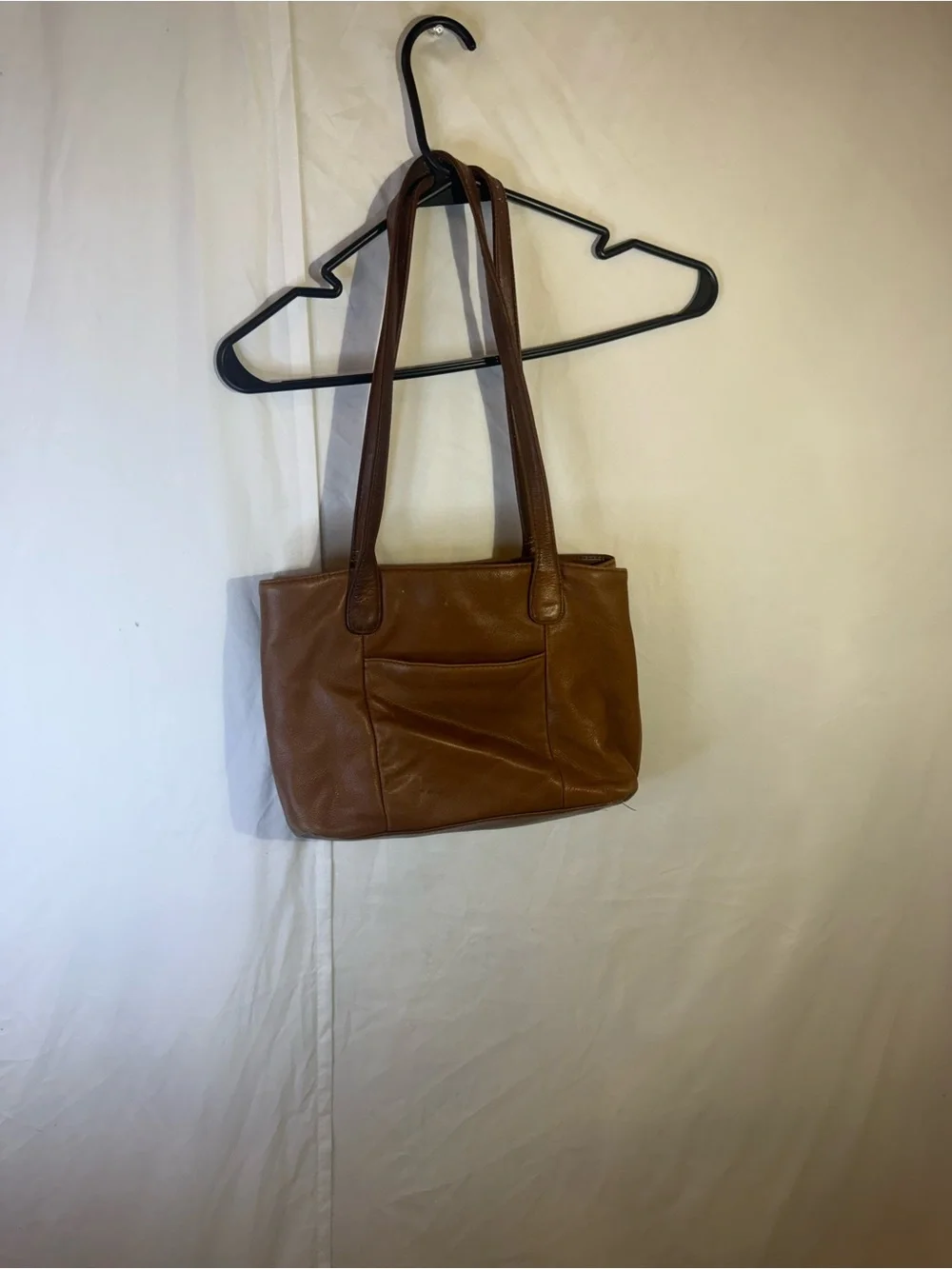 Tan Leather Shoulder Bag with Front Zip Pocket
